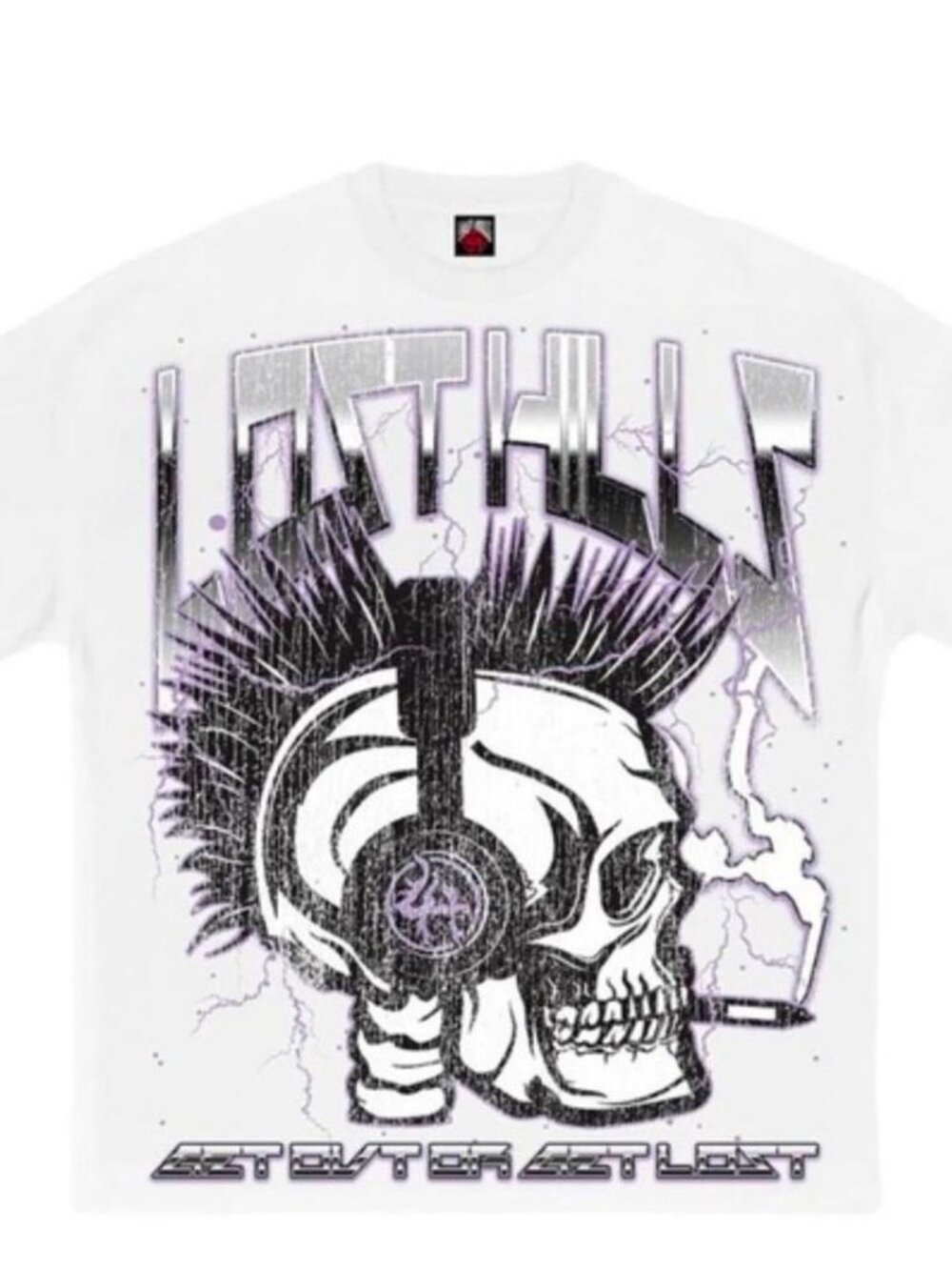 White graphic t-shirt from the brand LOSTHILLS, specifically the "Get Ovt Or Get